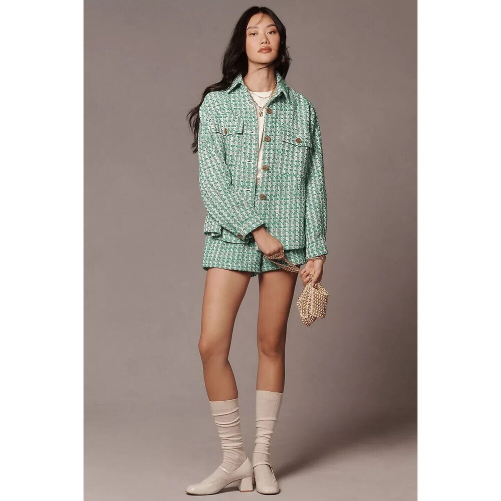 Anthropologie Maeve Plaid Tweed Relaxed Shacket Shirt Jacket Preppy Green LP